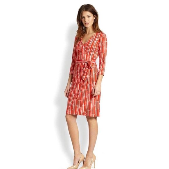 Diane Von Furstenberg Red and White Wrap Midi Dress - Picture 14 of 14